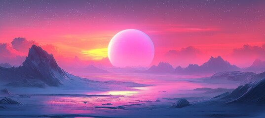 Wall Mural - pink sunset at alien planet. nature panoramic view. generative ai technology.