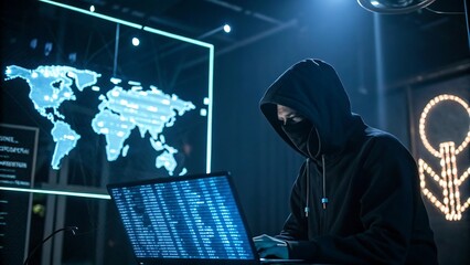 hacker working on laptop, global network map in background