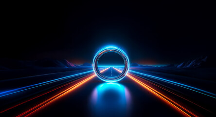 a luminous blue ring acts as a portal in a futuristic scene. orange and blue light streaks converge 