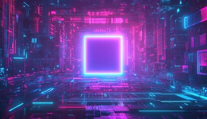 Poster - Neon glowing square portal in futuristic tech space