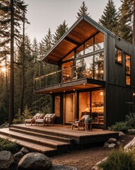 a beautifully designed luxury tiny home nestled in a lush forest, featuring large panoramic windows,