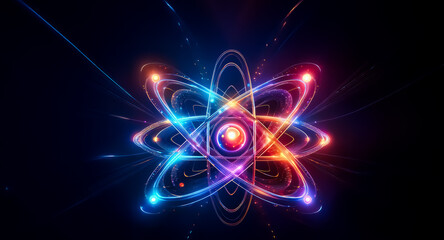 glowing atom model with vibrant blue and red orbits around a central nucleus, radiating energy again