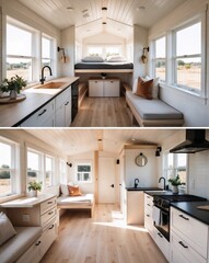 a beautifully decorated tiny home interior with minimalist scandinavian-style furnishings.