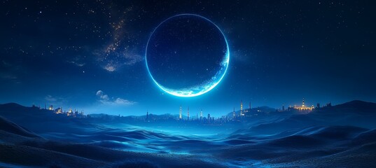 Wall Mural - blue crescent moon. generative ai technology.