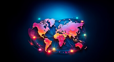 Poster - A brightly colored world map is illuminated with glowing nodes connected by lines, set against a dark blue backdrop. Depicts global connection and digital networking.