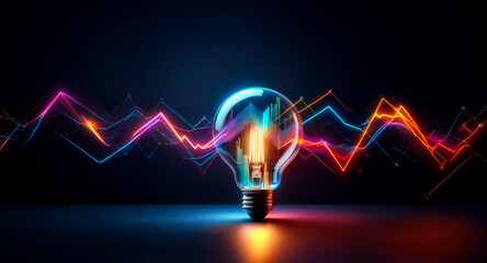 Canvas Print - illuminated lightbulb with vibrant neon lines of blue, pink, and orange against a dark backdrop crea