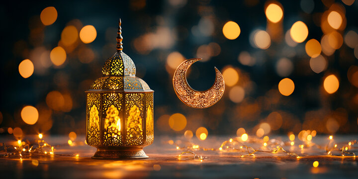 Islamic background, traditional decorations, vibrant festivities, Islamic calligraphy, crescent moon and stars, warm lighting, cultural attire