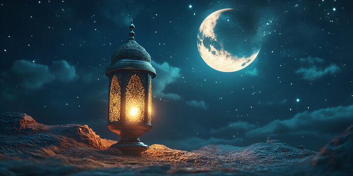 Islamic background, traditional decorations, vibrant festivities, Islamic calligraphy, crescent moon and stars, warm lighting, cultural attire