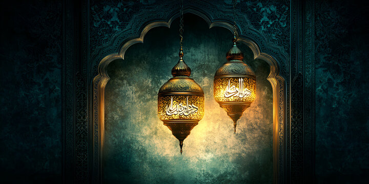 Islamic background, traditional decorations, vibrant festivities, Islamic calligraphy, crescent moon and stars, warm lighting, cultural attire