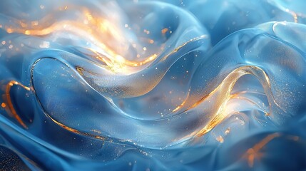 Poster - Ethereal fluid art with golden swirls in blue, luxury abstract, 8k image