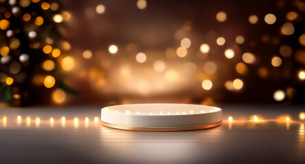 Wall Mural - a round white and gold platform stands elegantly against a backdrop of warm, blurry golden lights, c