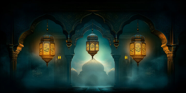 Islamic background, traditional decorations, vibrant festivities, Islamic calligraphy, crescent moon and stars, warm lighting, cultural attire