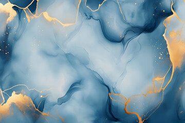 Poster - Elegant Abstract Blue and Gold Fluid Art Background with Watercolor Ink Texture for Luxurious Design Projects and Creative Visuals