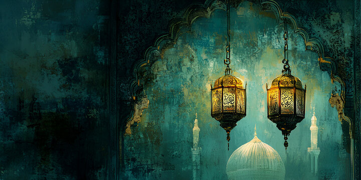 Islamic background, traditional decorations, vibrant festivities, Islamic calligraphy, crescent moon and stars, warm lighting, cultural attire