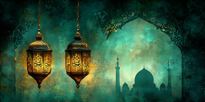 New Islamic Year Celebration 1446 H, traditional decorations, vibrant festivities, Islamic calligraphy, crescent moon and stars, warm lighting, cultural attire