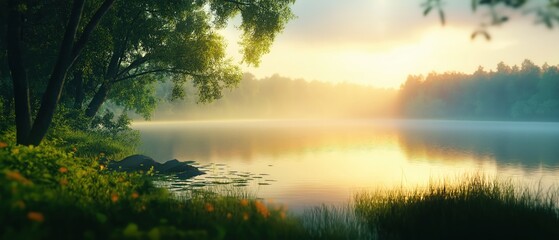 serene sunrise over misty lake