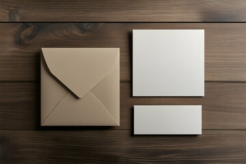 Poster - Elegant stationery mockup featuring a light brown envelope, square card, and business card on a textured wooden surface, offering a clean and professional presentation