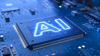 Poster - AI technology concept.  Close up of a microchip with glowing AI lettering.