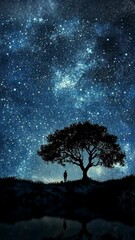 Wall Mural - Stargazer stands in silhouette beneath a sprawling tree on a clear night