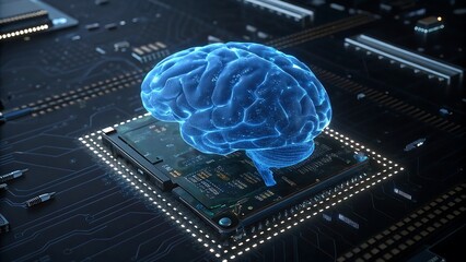 Poster - human brain on a microchip. ai, technology, future concept.