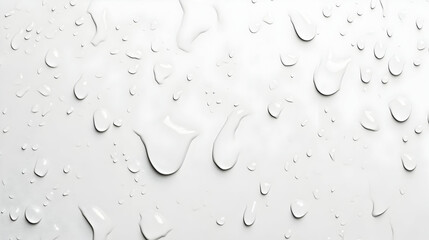 Poster - Elegant Water Droplets on Glossy White Surface, A Refreshing and Serene Visual Texture, Ideal for Backgrounds and Creative Designs with a Clean, Minimalist Aesthetic