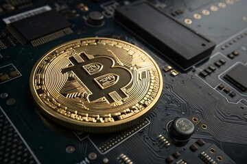 Poster - Bitcoin cryptocurrency on a circuit board.