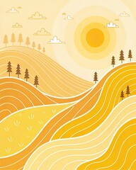 Poster - A yellow and orange landscape with a sun in the sky