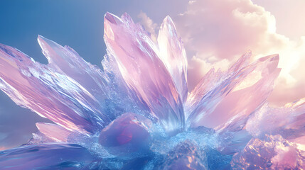 Poster - ethereal crystal bloom, a mesmerizing display of light and form against a dreamy sky, evoking a sens