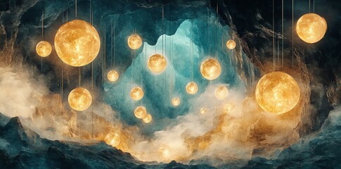 Wall Mural - golden moon lights hanging in mystical cave landscape