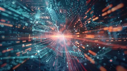 Poster - Abstract depiction of a digital network with blue and red lights. Digital artwork of glowing red electrical circuit or macro photo of motherboard. High-tech digital technology innovation. AIG53.