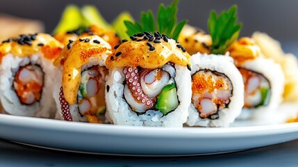 Wall Mural - Octopus food: Asian cuisine salad. Delicious sushi rolls on a white plate garnished with green herbs.