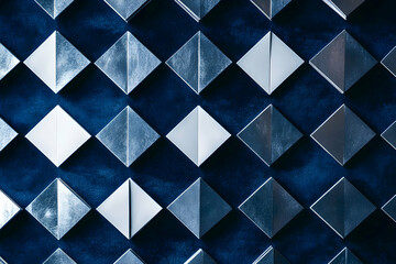Poster - geometric precision, silver origami diamonds on deep blue velvet, a symphony of texture and light cr