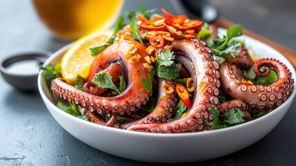 Wall Mural - Octopus food: Asian cuisine salad. Delicious octopus dish garnished with herbs and chili slices.