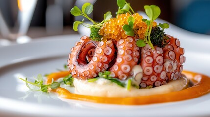 Wall Mural - Octopus food: Asian cuisine salad. Octopus dish garnished with vibrant toppings on a white plate.