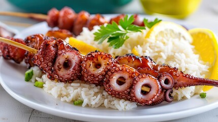 Wall Mural - Octopus food: Asian cuisine salad. Grilled octopus skewers served with rice and lemon garnish.