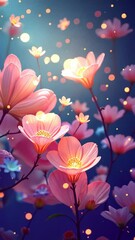 Poster - Pink flowers with yellow lights on them. The flowers are on a stem. The stem is on a blue background