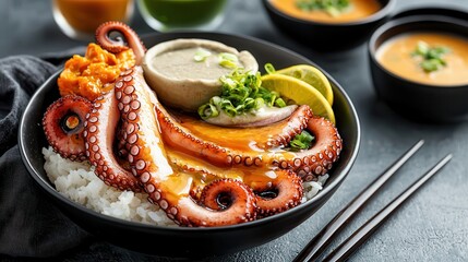 Wall Mural - Octopus food: Asian cuisine salad. Delicious octopus dish with rice and sauces in a stylish bowl.