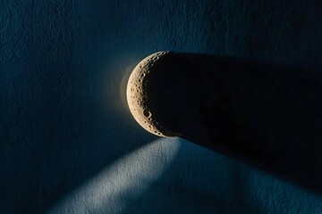 Wall Mural - A close-up view of the illuminated crescent moon casting a long shadow on a dark blue surface, creating a dreamlike and peaceful atmosphere.