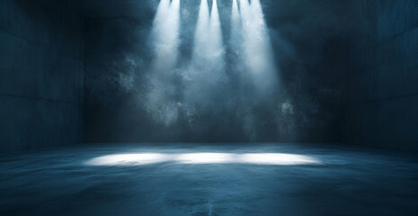 Poster - mysterious interior space, dark room with fog and bright spotlights illuminating the scene, creating
