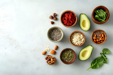 Wall Mural - Overhead Shot of Healthy Food Ingredients Arranged on a Grey Surface, Promoting Wellness and a Balanced Diet with Natural, Nutritious Components for a Vibrant Lifestyle