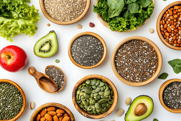 Wall Mural - Overhead shot showcasing a variety of fresh, natural foods including fruits, vegetables, nuts, seeds, and grains arranged in wooden bowls on a white background