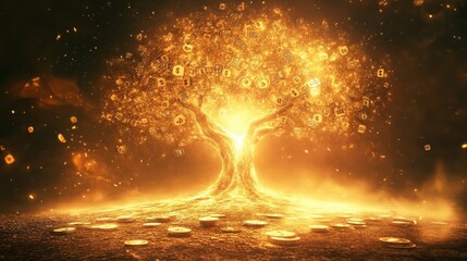 Poster - Glowing Tree of Prosperity with Golden Coins and Digital Symbols in a Mystical Environment