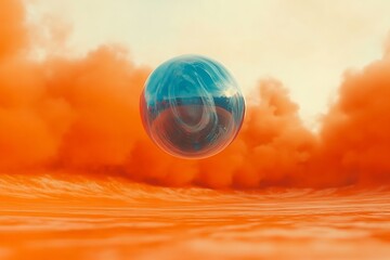 a blue sphere floats against a vibrant orange sky with swirling clouds.