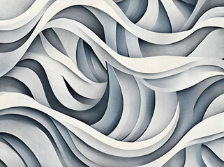 Poster - Serene Abstract Composition of Wavy Gradient Lines in Shades of Gray and White, an Exploration of Fluidity and Depth in a Minimalist Style Rendering
