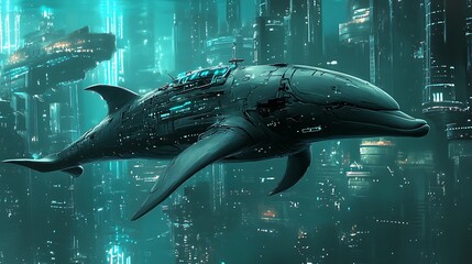 Wall Mural - Cyberpunk Dolphin Submarine in a Futuristic Underwater City