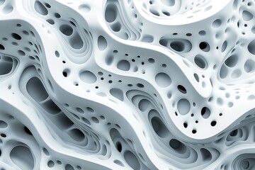 Fototapete - Abstract white organic structure with holes. Modern 3D texture design. Background image of 3D rendering white structure with hole. Abstract art of macrography of bone structure or wavy texture. AIG51.