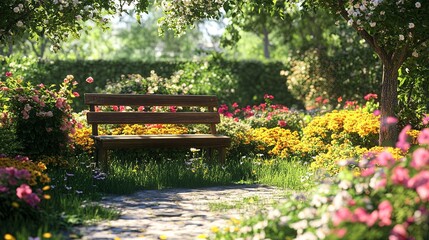 Wall Mural - A serene garden scene with a wooden bench surrounded by blooming flowers. picture