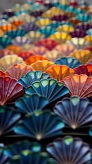 Poster - A colorful image of many different colored paper flowers. The flowers are in various shades of blue, red, and yellow