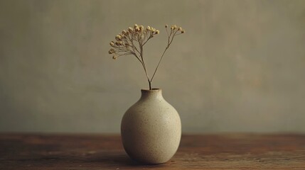 Wall Mural - A minimalist ceramic vase holding a single dried flower on a wooden surface. picture