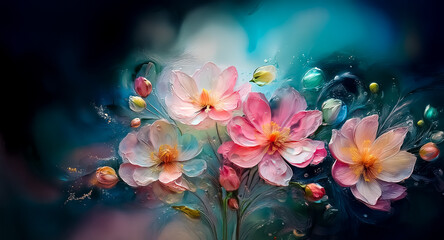 Wall Mural - Soft pastel flowers in pink, orange, and white bloom against a dark teal and green dreamy background, creating a gentle and artistic scene.